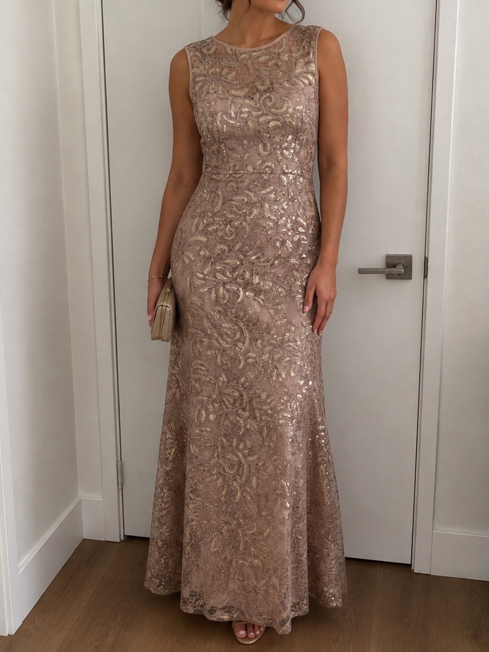 Sleeveless Rose Gold Sequin Maxi Dress - Formal Evening Gown